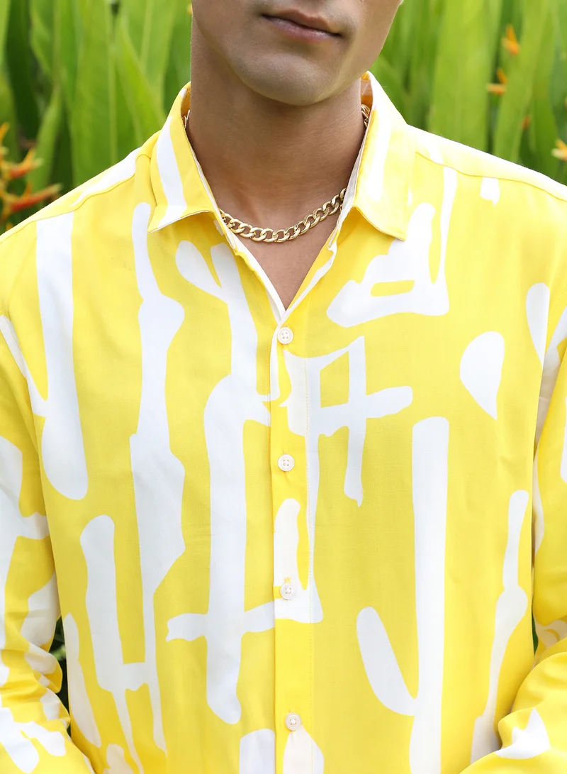CAHOOT  Men's Lemon Yellow Abstract Print Shirt For Everyday Wear | Spread Collar |  Button Closure | Long Sleeve | Heavy Rayon Shirt Crafted With Comfort Fit For Everyday Wear for Men | Best Price UAE